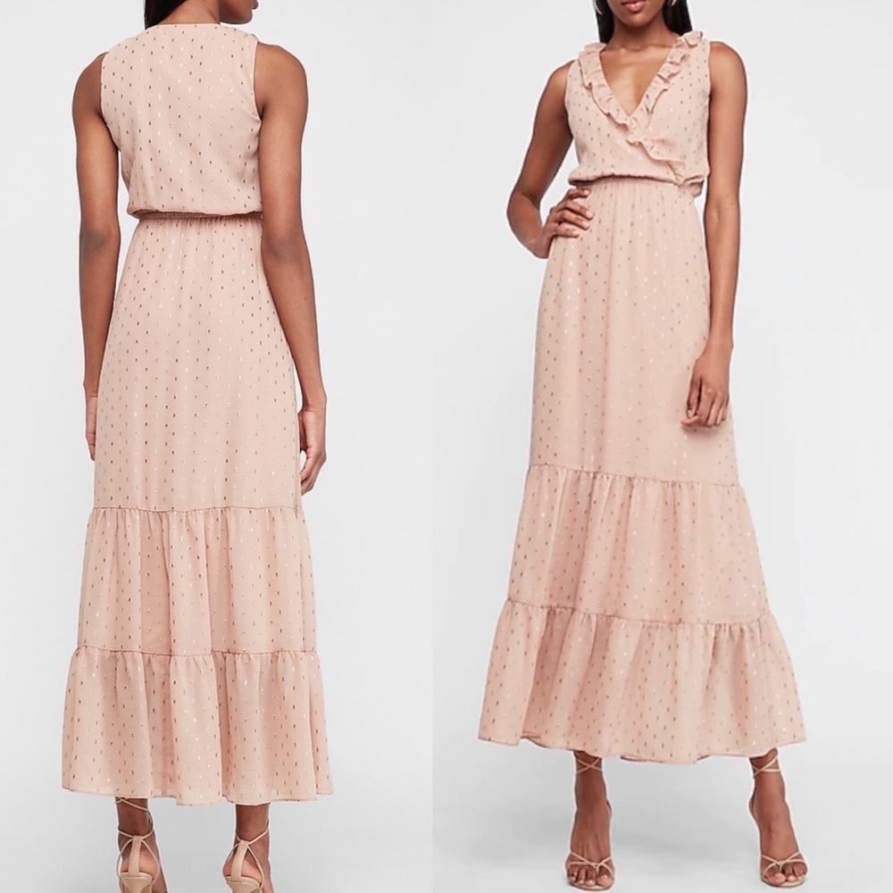 NWT Express Metallic Clip Dot Ruffle Maxi Dress